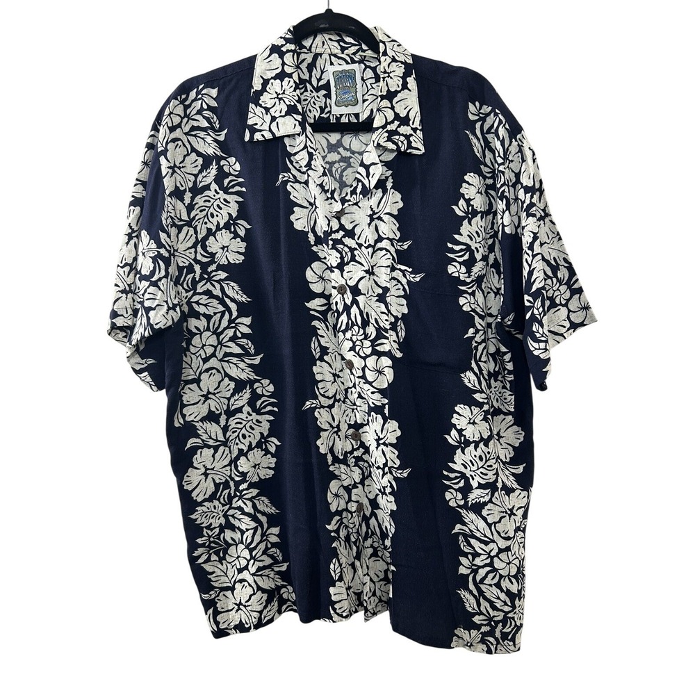Ocean Current Mens Hawaiian Shirt Navy Blue White Hibiscus Floral Rayon Large